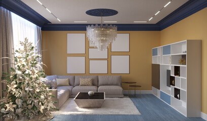 3d visualization of the modern interior with a Christmas tree. 3D Render 