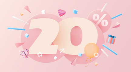 20 percent Off. Discount creative composition. 3d sale symbol with decorative objects, heart shaped balloons and gift box. Sale banner and poster.