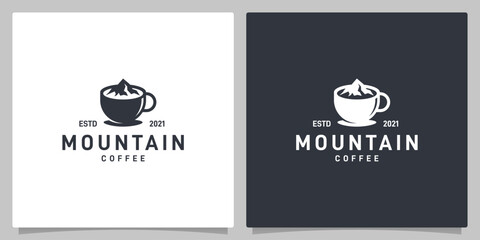 illustration Creative Coffee Shop logo design vector. Symbol graphic Restaurant Market Hot Breakfast label Tea Cup drink Farmer Classic Vintage retro Mountain Peak Symbol Silhouette.
