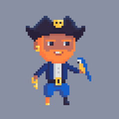 Obraz premium Pixel art character. Red-haired pirate in a hat with a parrot and a key.