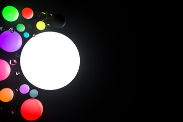 The 3D Render of multicolored glowing balls. Colored 3D balls on a black background.