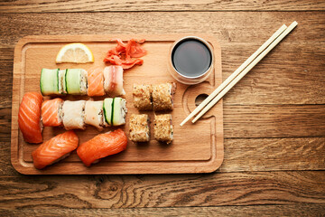 wooden board sushi rolls japanese cuisine sea food