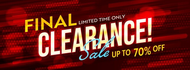 Final clearance sale up to 70 percent off website header. Limited time only discount for online shop, internet marketplace. Business and ecommerce special offer design. Vector illustration