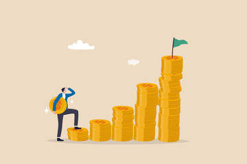 Start invest in stock market, begin savings to achieve financial goal, power of compound interest, collecting wealth, young adult office man carrying money coin start step on compound money stack. - obrazy, fototapety, plakaty