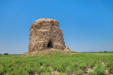 Naklejka premium Panorama of ancient Buddhist stupa Zurmala in Termez, Uzbekistan. Built in I-II AD. Originally was painted red. Current height is about 13.5 m