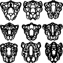 A set of black silhouettes with the head of a tiger, cat, panther, cheetah, leopard. Monochrome drawings to create a mask. For printing on key chains, mugs and jewelry. Badges, emblems, logos.