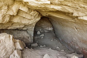 Tunnel in the underground settlement of Buddhist monks. Excavations on the Kara-Tepe hill, Termez, Uzbekistan. The settlement existed in the 1st-5th centuries AD