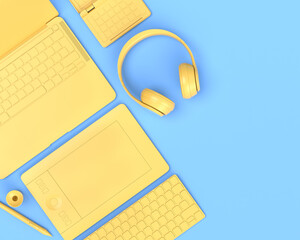 Top view of designer workspace and photography gear on blue table background