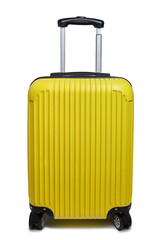 Yellow suitcase for traveling on wheels, white background isolate.