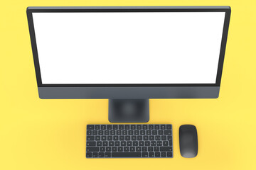 Realistic dark grey computer screen display with keyboard and mouse on yellow