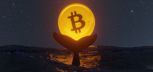 Bitcoin whale , whale tail in ocean and bitcoin . bitcoin is the moon . Whale is large investor in the BTC market .3D Rendering.