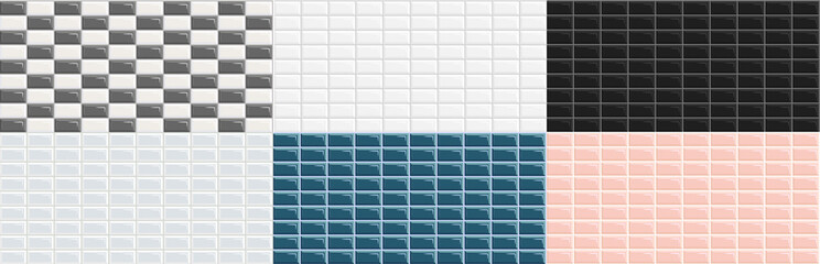 Subway tiles seamless rectangular, white, blue, black, pink.