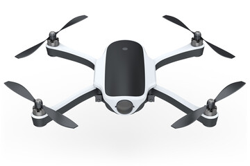 Flying photo and video drone or quad copter with action camera isolated on white