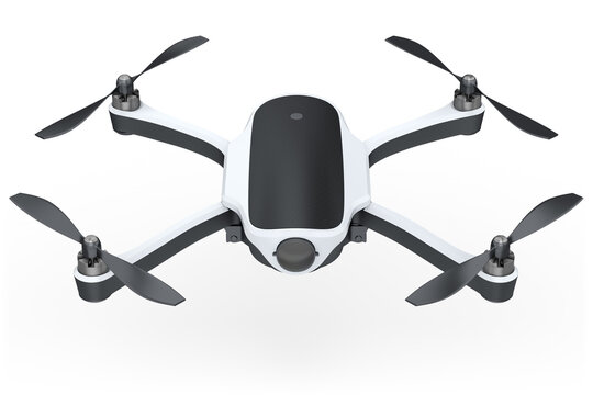 Flying photo and video drone or quad copter with action camera isolated on white