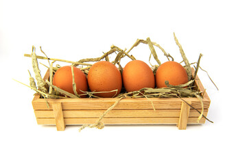 Egg in wood basket isolated on white background