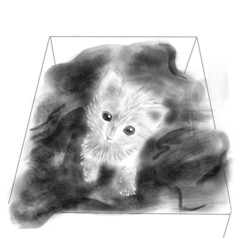 A black and white illustration of a little kitten