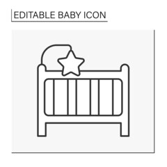  Baby cot line icon. Small bed for toddlers. Newborn cot. Baby products. Childhood concept. Isolated vector illustration. Editable stroke