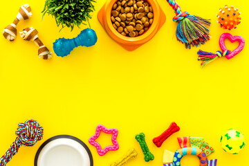 Dry dog food in bowl with toys and treats, top view
