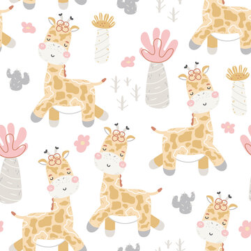 Vector seamless childish pattern with cute baby giraffe and palms.Scandinavian texture for fabric, nursery, baby shower, textile, wallpaper, wrapping paper.Kids tropical animals hand drawn print