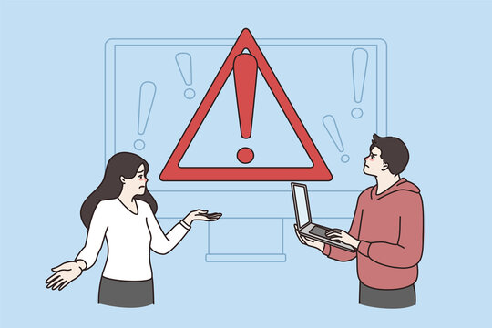 Distressed people use computer have operational error notification on screen. Stressed man and woman see mistake system warning on laptop. Repair, device breakdown. Flat vector illustration. 