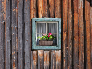 Window in the wall and potted flowers. Vintage interior and exterior design of a house. Wooden walls made of boards. Large resolution photo for design.