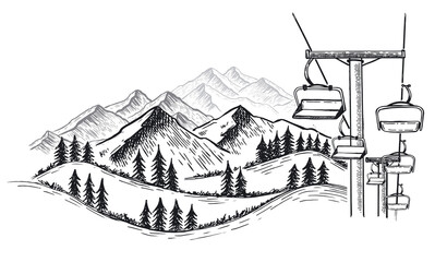 Landscape mountains. Sketch of ski resort.  Hand drawn illustration.	