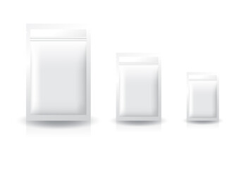 Blank white standing flat ziplock bag (3 sizes) for food or healthy product.