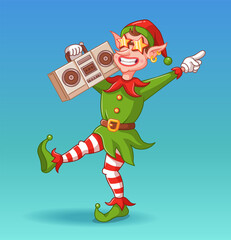 Cool dancing christmas elf with audio recorder and glasses stars. Vector illustration for christmas decorations. Background with blue gradient.