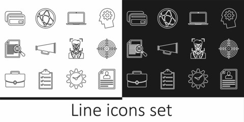 Set line Resume, Target sport, Laptop, Megaphone, Document with search, Credit card, Face recognition and Social network icon. Vector