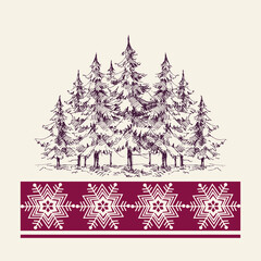 Fototapeta premium Christmas pine trees forest, snowflakes border greeting card