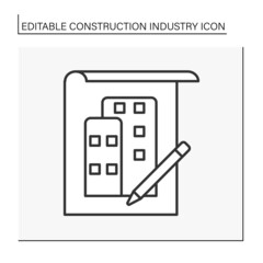  Project development line icon. Facility of planning, organizing, coordinating, and controlling pre-building process. Construction industry concept. Isolated vector illustration. Editable stroke