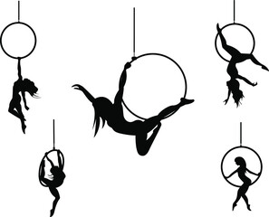 Silhouettes of aerial hoop and aerial silks performers and pole dancer isolated on a white background. Aerialists. Air gymnastics. Gymnasts.Black and white illustration of a woman dancer