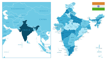 India - highly detailed blue map.