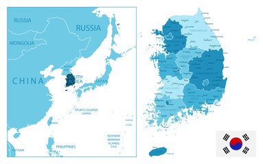 South Korea - highly detailed blue map.