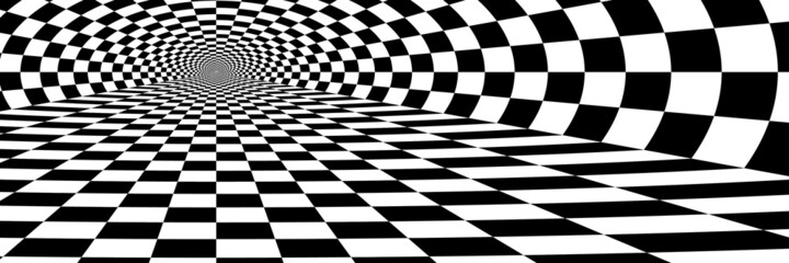 Obraz premium Abstract Black and White Pattern with Tunnel. Contrasty Optical Psychedelic Illusion. Smooth Checkered Spiral and Chessboard in Perspective. Raster. 3D Illustration