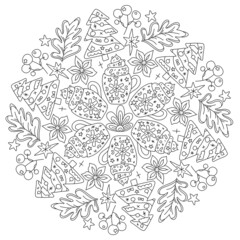 New Year, Christmas circle mandala. Hand drawing coloring page for kids and adults. Winter Holidays. Beautiful drawing with patterns and small details. Coloring anti stress pictures