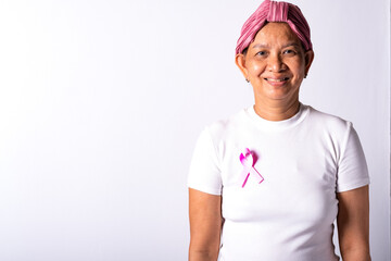 woman smile and wearing white t shirt hand fighting cancer awareness. concept healthcare and medicine isolate on white background copy space for text.