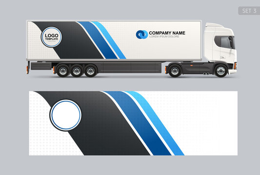 Realistic Vector Truck Trailer Mock-Up Side View With Blue Wrap Decal For Livery Branding Design. Abstract Graphic Of Blue And Black Stripes, Sticker And Decal Design. Logistics For Transport Mockup