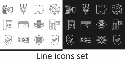 Set line Shield with check mark, Pos terminal, Piece of puzzle, Cash back, Telephone, POS, Hourglass and gear and Algorithm icon. Vector