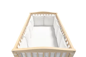 Deurstickers Blank wood cot with white crib sheet, protective bumpers mockup © Alexandr Bognat
