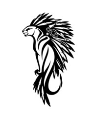wild cougar cat decorated with bird feathers - tribal style black and white vector animal outline design