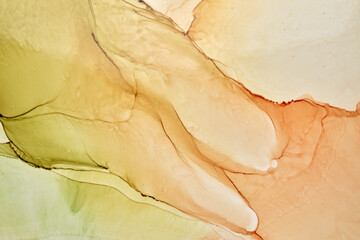 Abstract ocher green watercolor background. Yellow orange brown paint stains and spots in water,...