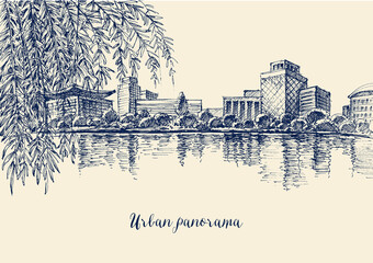 City panorama, generic modern architecture, front view across the river hand drawing © Danussa