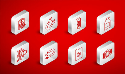 Set line Genetic engineering, Magnet with lightning, DNA research, search, Medicine bottle, Clinical record, Clipboard analysis, money and icon. Vector