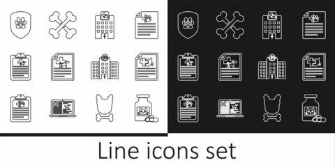 Set line Cat medicine bottle and pills, Medical certificate for dog or cat, Veterinary hospital, Clinical record pet, Animal health insurance, and Crossed bones icon. Vector