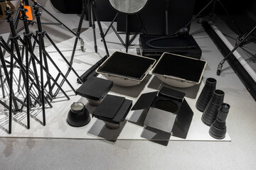 Interior of a modern photo studio. Technics and equipment