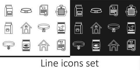 Set line Certificate for dog or cat, Bag of food, Dog house and paw print pet, collar and Pet bowl icon. Vector