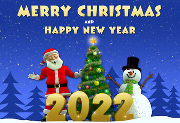 christmas card and happy new year with santa claus and snowman . 3D art