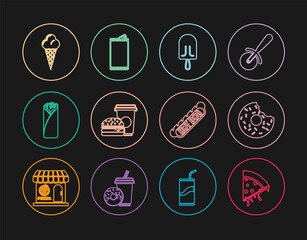 Set line Slice of pizza, Donut, Ice cream, Coffee and burger, Burrito, in waffle cone, Hotdog sandwich and Aluminum can icon. Vector