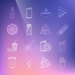 Set line Ice cream, Glass with water, Hotdog sandwich, Nachos in plate, Burrito, Pizza, Bottle of and icon. Vector